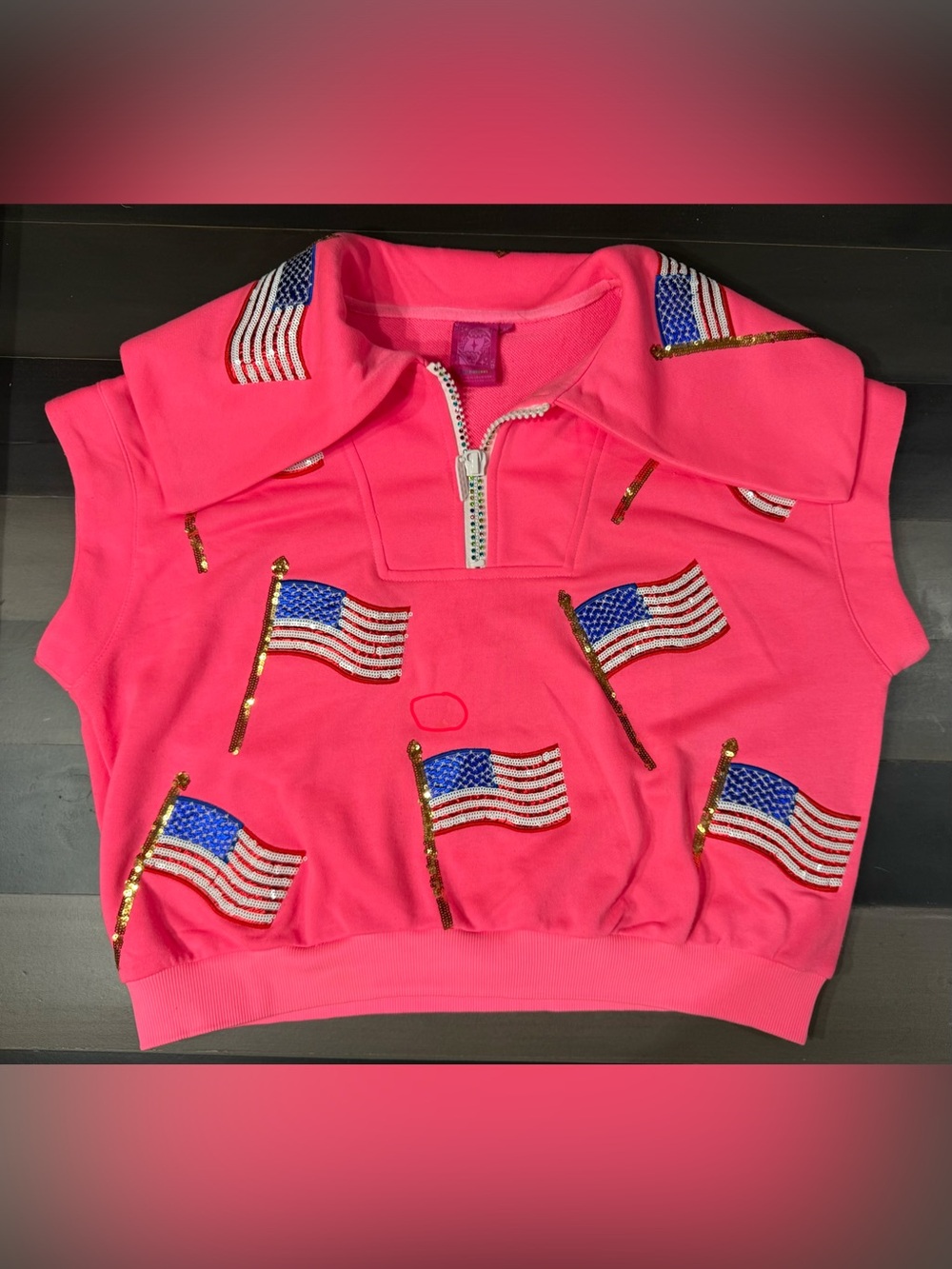 Queen of Sparkles Hot Pink Sequin American Flag Quarter-Zip Cropped Pullover